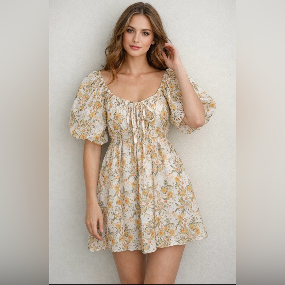 SOFIE THE LABEL Yellow and Cream Eyelet Floral Puff Sleeve Mini Dress Small